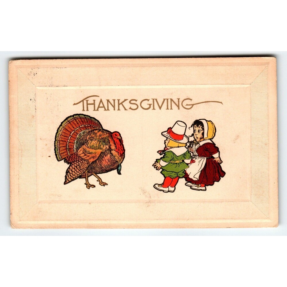 Thanksgiving Postcard Turkey Pilgrim Children Boy Girl Vintage 1913 Gibson